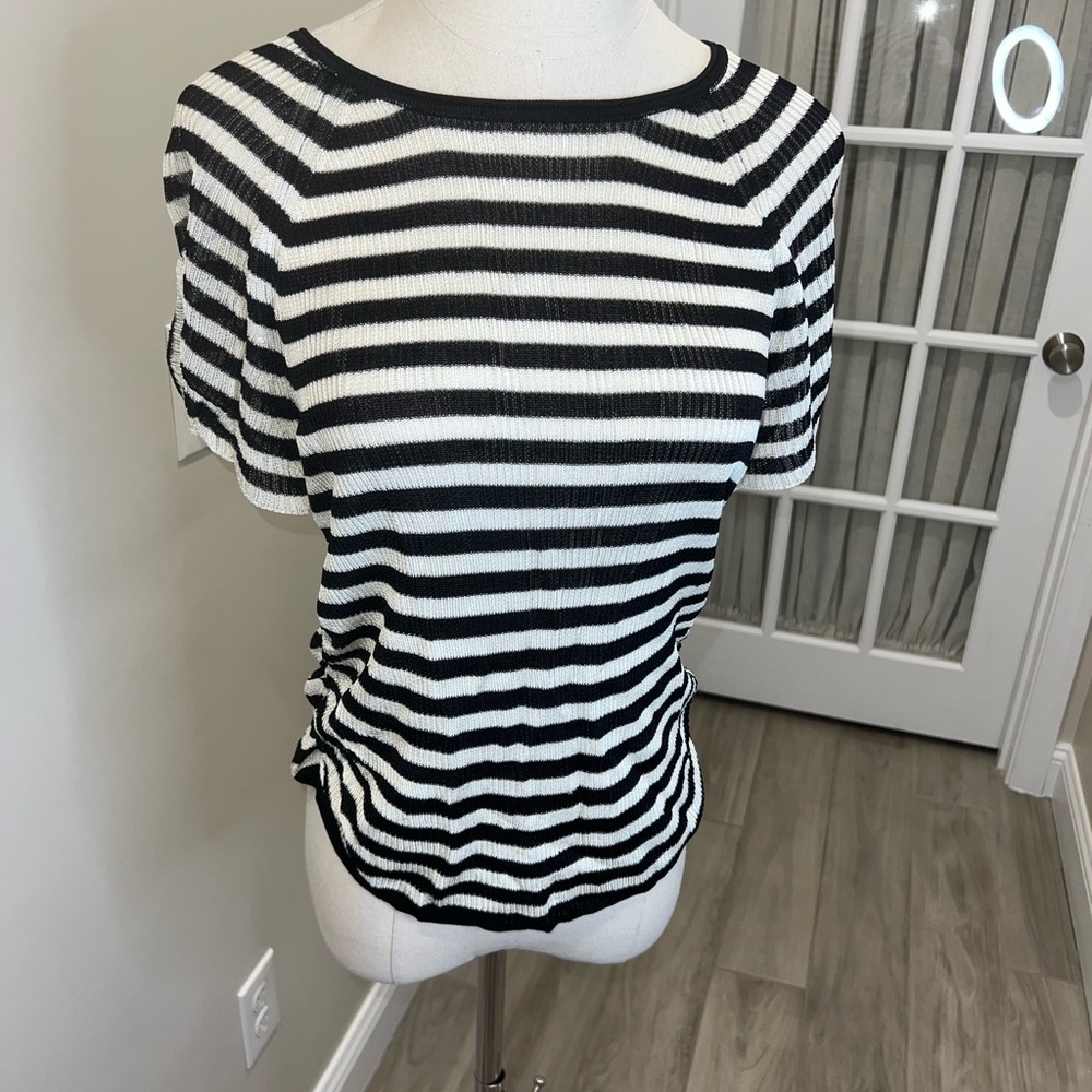 Free People Black and White Striped Short Sleeve Top
